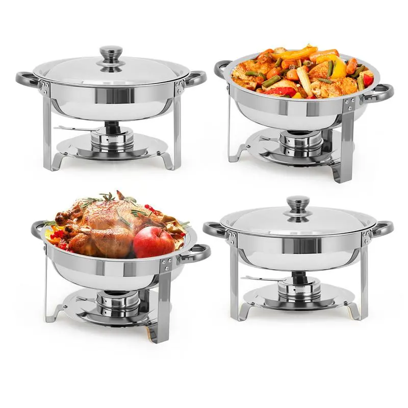 Gaomon 4-Piece Heat-Maintained Round Chafing Dish Buffet Set, 5 Qt Stainless Steel Deep Pans with Water Pan, Fuel Holder for Party Catering, Temperature-Controlled Food Servers