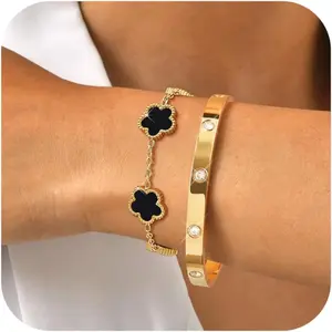 MPRAINBOW Womens Stackable Gold Bracelets Jewelry, 18K Gold Plated Floral Bracelet,Bangles Non Tarnish, Gold Cubic Zirconia Chain Set Trendy Gift,Christmas Valentines Birthday Gifts for Girlfriend