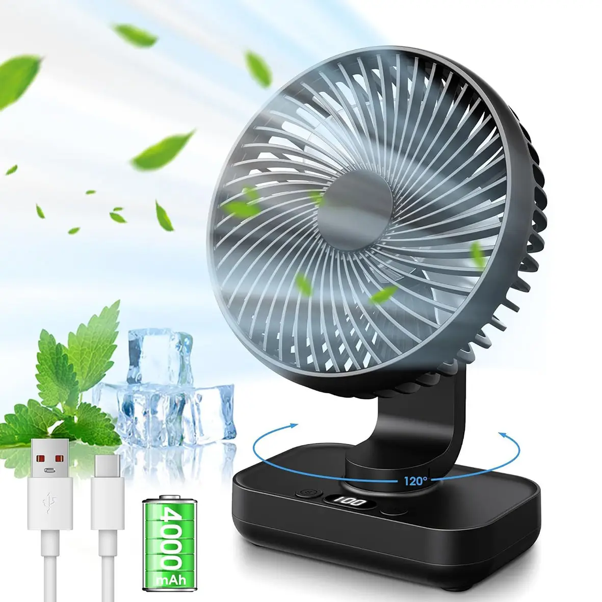 PLAYHOT RotateAir Mini 5.5'' Auto Oscillating Rechargeable Fan 4000mAh, 4 Speeds, LED Screen, Small USB Desk Fan Portable for Home,Bedroom, Office,Tra