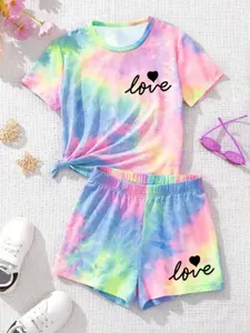 Summer 2-Piece Set Cute Teen Girls Casual Minimal Short Sleeve Top Shorts Set Gradient Tie Dye Print Retro Street Style Comfortable Fashion Matching Shorts
