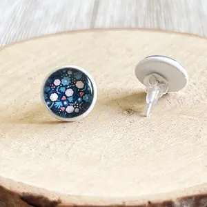 Navy Floral Stud Earrings – Round Silver Botanical Jewelry