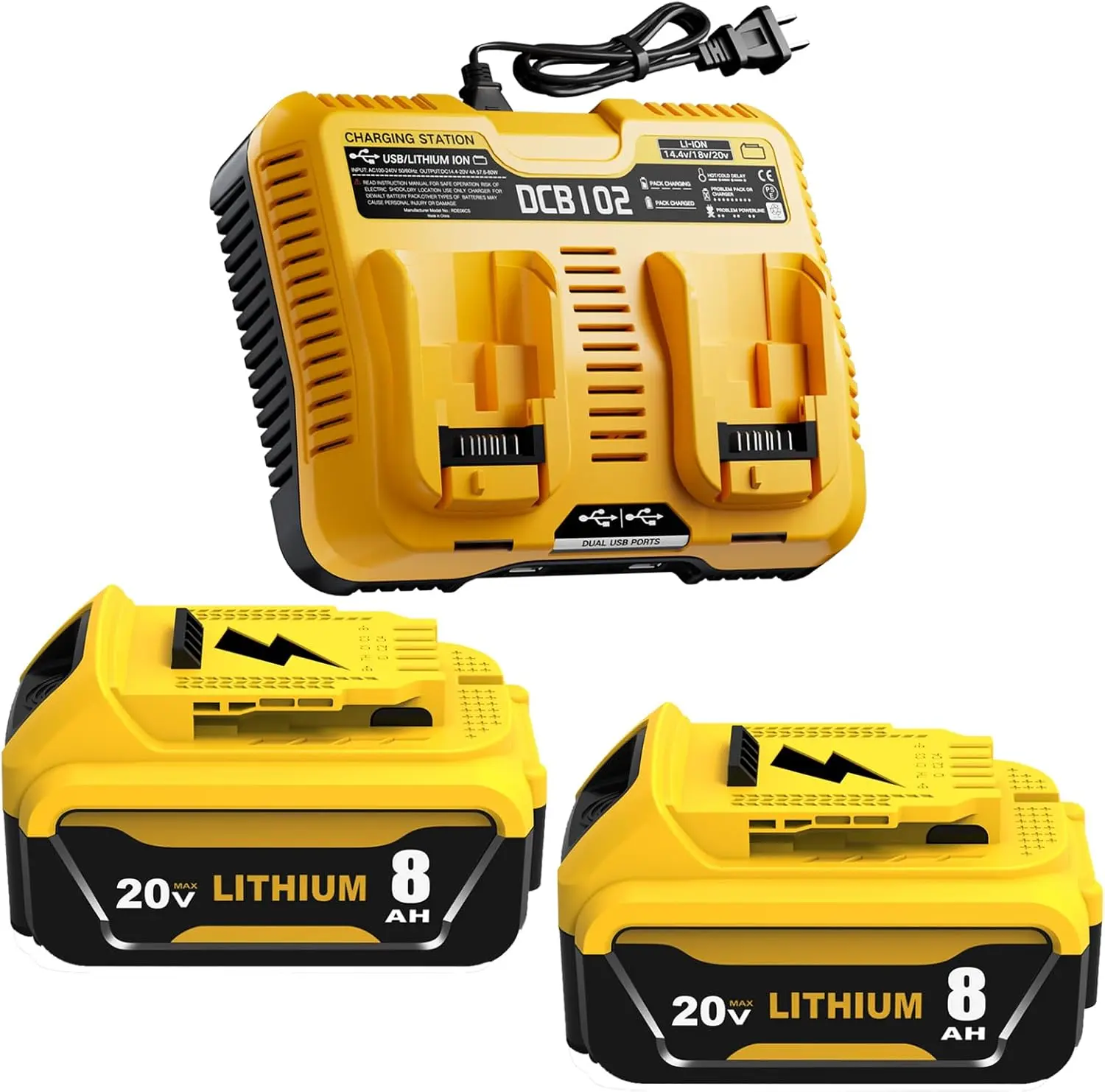 2-Pack 8.0Ah 20V Lithium Ion Batteries & DCB102 Charger Station Compatible with Dewalt 20V Max Batteries DCB207 DCB206 201 Cordless Power Tools Yellow