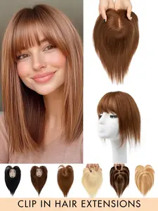 Women's Real Human Hair Topper 8-14 Inch Straight Hairpiece, Human Hair Wigs, Real Human Hair with Bangs, Multiple Colors Available, Skin Scalp, Large Base, Increase Hair Volume, Fluffy and Natural, Daily Commute Versatile Style