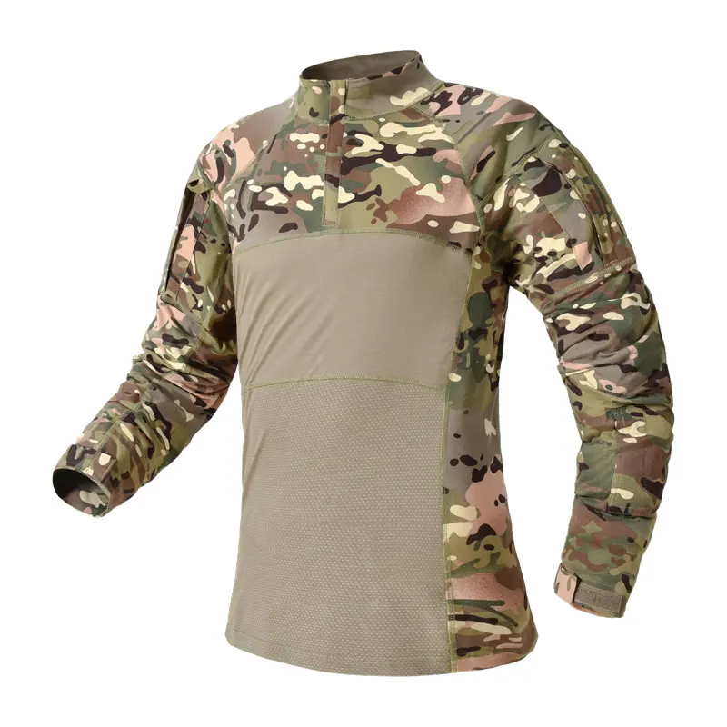 Menswear Frog-Style Combat Shirt, Long Sleeve Camouflage Tactical Uniform with Breathable Mesh and Forearm Pockets, Uniforms, Workwear, Outdoor, Clothes, Year-Round Wear, Stretch, Fabric, Moisture Wicking