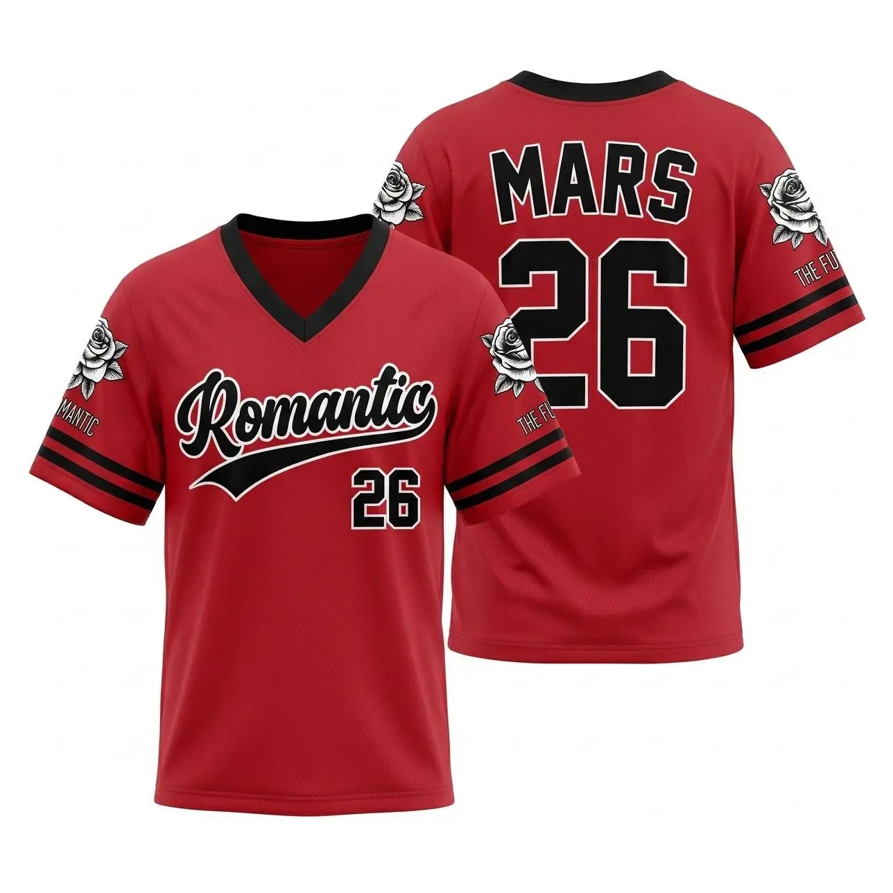 Mars 26 Romantic Sports Jersey Red Black Y2K Blokecore Rose Graphic V-Neck Shirt Concert Outfit Unisex