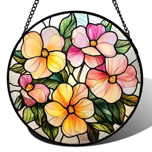 Pink Wildflowers Birth Flower Stained Glass Suncatcher Window Hanging, Floral Sun Catcher Decor Gift for Mom, Nana, Women