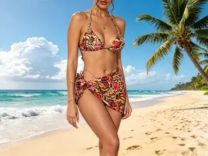 2026 Summer Women's Floral Print Halter Bikini Three-Piece Set Leopard Print Outfit Wrap Sarong + Triangle Top + Side Tie Bottoms Tummy Control Slimming Swimwear Suitable for Beach Vacation, Pool Party, Cruise Travel - SummerVibes