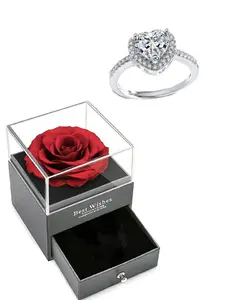 Heart Diamond Ring Hidden in Eternal Rose Box, Exclusive Romantic Gift, Valentine's Day Present, Adjustable Jewelry Gift, Heart Shaped Ring, Heart Cluster Ring