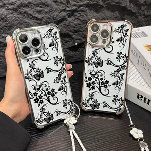 Elegant Floral Vines Pattern Four Corner Anti-Fall Phone case for iPhone Samsung Galaxy 17Pro Max Air 16Plus 15 14 13 12 11 XR XS S25 S24 S23 S22 cases, Transparent cover, Non-Yellowing, Shockproof Soft silicone, Gifts for girls.JL40, Accessories, Tpu, Sm