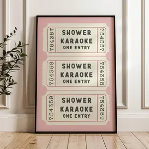 Shower Karaoke Ticket Print Pink Bathroom Retro Cream Aesthetic Shower Singing Funny Wall Art Vintage Trendy Home Decor Physical Print