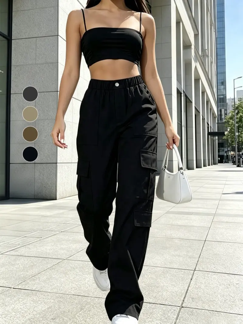 LIFE KEEPS MOVING Women’s lightweight cargo pants for spring/autumn, casual sporty style, drawstring waist with pockets, solid color and minimalist design, suitable for outdoor sports and everyday fashion outfits.