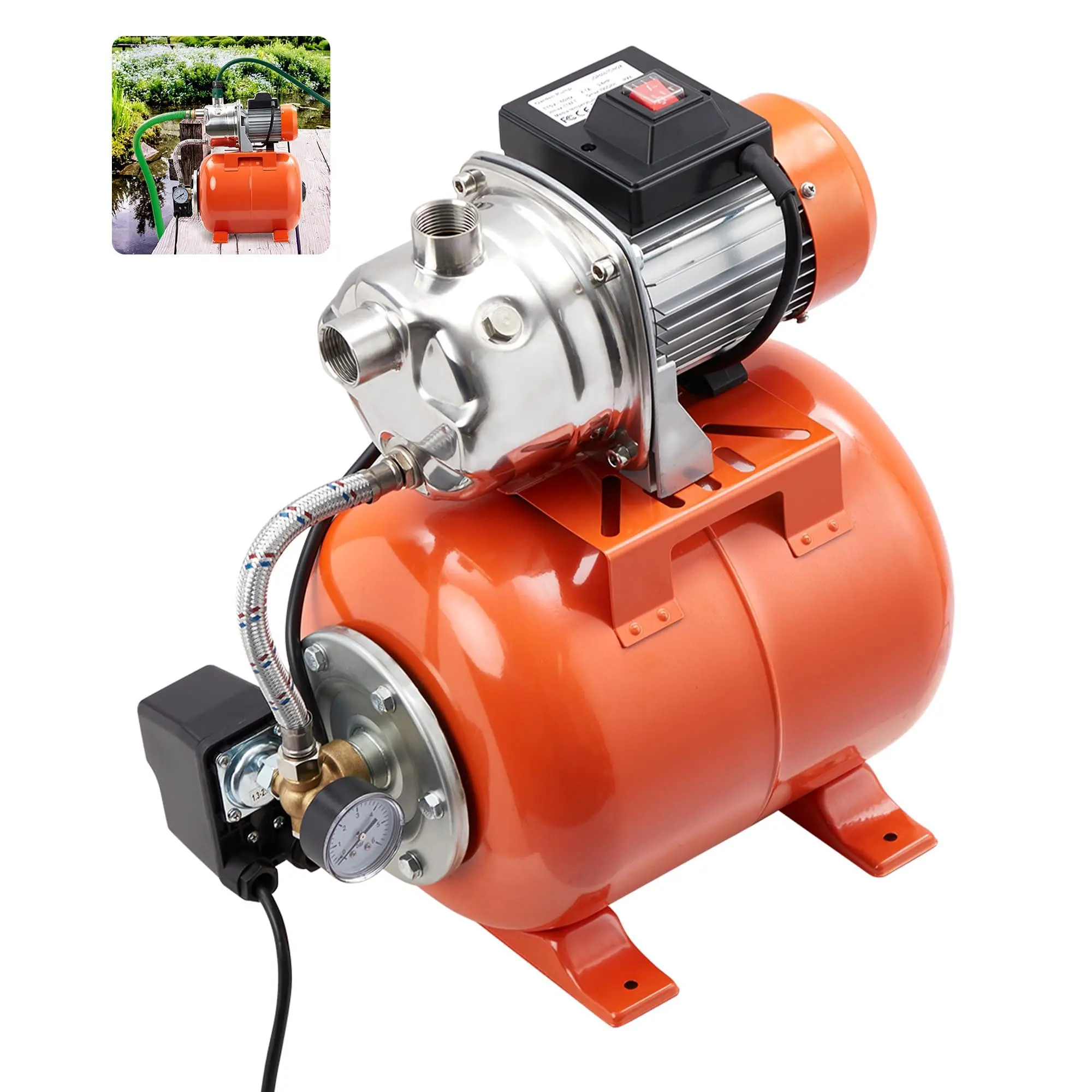 1HP Shallow Well Pump Unit with Stainless Steel Pressure Tank, 950 GPH Flow, 115V, Winter-Proof Design, for Home Garden Lawn Sprinkler Irrigation, Orange