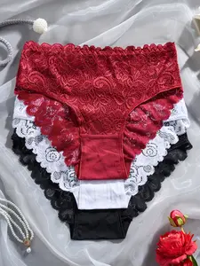 Floral Lace Bikini Panties Breathable Soft Comfortable Chic Women Underwear Lingerie for Daily Use 3 Pack Mid Waist Elegant