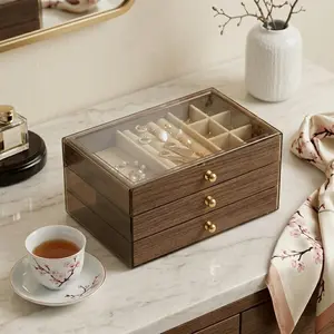 ✨ Aesthetic Walnut Wood & Acrylic Jewelry Organizer | 3-Drawer Retro Jewelry Box for Rings, Earrings, Necklaces | Dustproof Vanity Decor