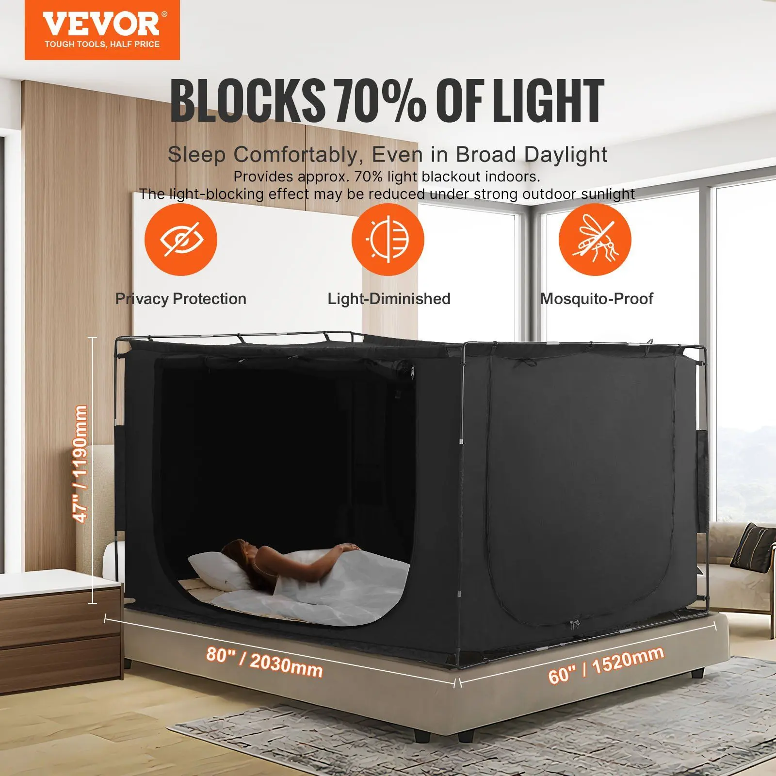 VEVOR 3-Door Bed Tent for Child, 70% Blackout Design, Breathable with Mesh Netting Sides & Mosquito Net Cover, Supported by 0.43 in Fiber Poles, Secure Sleeping Area