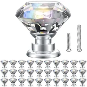 Cabinet Knobs 30 Pack, 1.18 inch (30mm) Pulls for Dresser, Drawer, Cabinet with Two Different Sizes Screws,  Shape Glass Handles for Home (30mm, 30 Pack, Clear-)