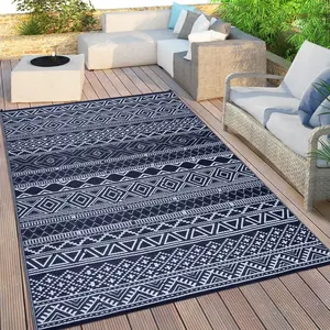 Outdoor Rug, Waterproof Reversible Plastic Straw Rug for Patio, RV, Camping, Bohemian Black & White Large Area Rug, Easy Clean Woven Floor Mat for Deck, Picnic & Beach carpet