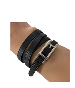 Pre-owned HERMES Leather Necklace/Bracelet "Hapi": Black/Silver Wrap Bracelet W/ Box