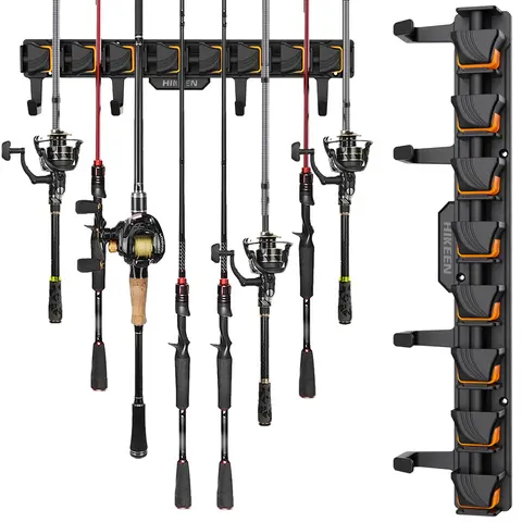 Hikeen Wall-Mounted Fishing Rod Storage, Holds Up to 8 Rods or Combos, Includes 4 Hooks, Fits Rods with Diameter 3-24mm