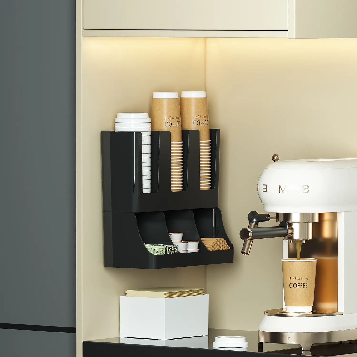 Pc Paper Cup Storage Box, Household Black Disposable Cup Holder, Wall-Mounted Cup Dispenser Multifunctional Organizer Lightweight Dispenser for Coffee Milk Tea Shop