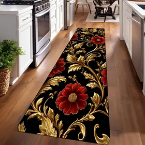 1PC, Black Gold Red Floral Pattern strip rugs, home décor, bathroom mats, entryway mats, bathroom non-slip mats, indoor entrance rugs, bedroom bedside mats, kitchen mats, hallway rugs, flannel sponge rugs, hallway runner rugs, Floral Print Rug