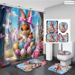 1/3/4PCS Easter Cartoon Bunny in Jar with Eggs and Roses Shower Curtain Set with Rugs, Non Slip Bath Mat, U-Shape Carpet, Toilet Lid Cover, Bathtub Curtain Accessories, 12 Hooks, Home Bathroom Festival Decor