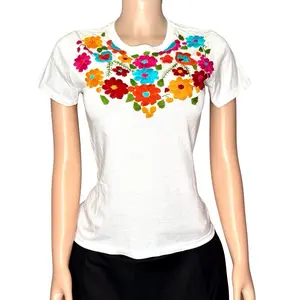 Tania T-Shirt - Size Small Hand Embroidered Mexican T-shirt with Colorful Floral Design - Fits Small - 100% Cotton - Handmade in Mexico