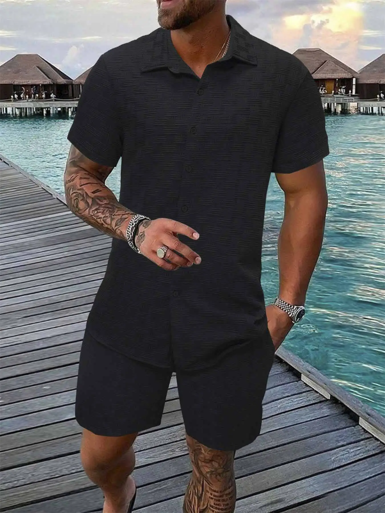 Men's Solid Textured Short Sleeve Button Front Shirt & Pocket Drawstring Waist Shorts Two-piece Set, Casual Summer Outfits Clothes Set for Men, Sets f