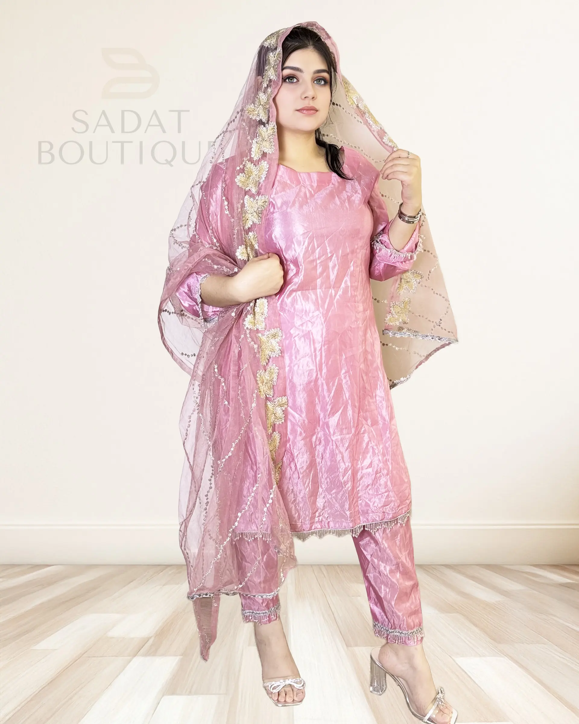 Women's Traditional Pink Punjabi Suit Clothes - Glossy Silk Finish, Multicolor Mirror Embroidery, Fringe-Accented Dupatta, Patchwork Bottoms
