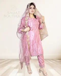 Traditional Pink Punjabi Suit – Glossy Silk Finish with Multicolor Mirror Work Dupatta