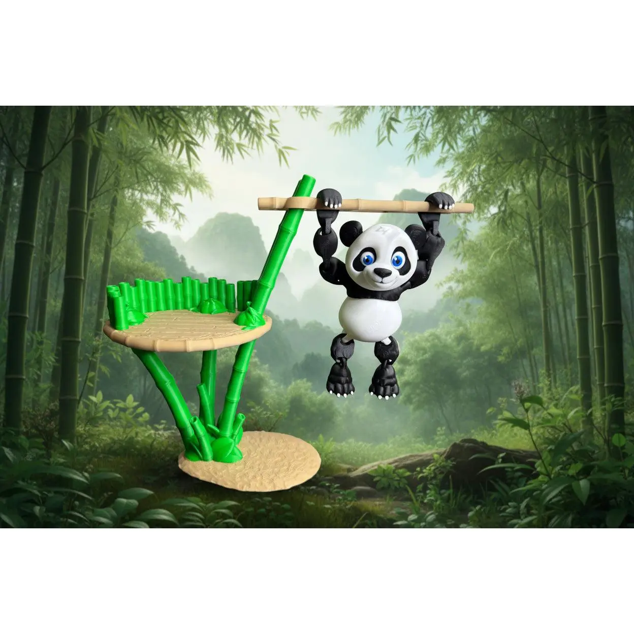 Panda with Bamboo Platform & Ladder – 3D Printed Panda Figurine Set