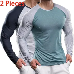 Men's Colorblock Quick-Dry Slim Fit Long Sleeve T-Shirt Set - Two Pieces Sports Training Breathable Stretch Top with Raglan Sleeves, Speed-Dry Breathable High Elastic Fabric, Suitable for Gym Workouts, Yoga, Outdoor Running, Activewear#SummerVibes