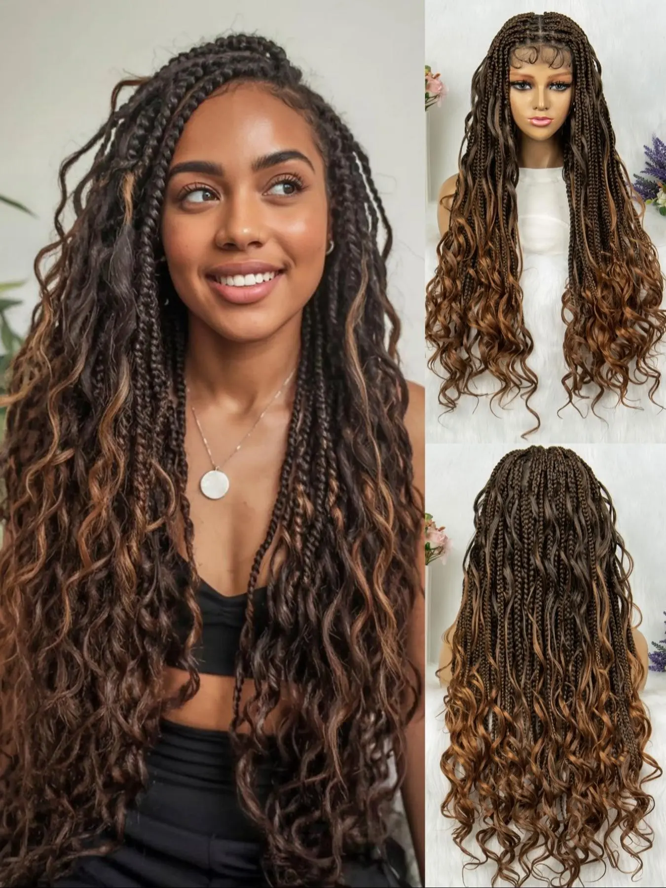 Boho Lace Wig Cap, Handmade Knot-Free Box Braids, 200% Density Cornrow Wave Headband Wig, Fashion Gift for Women, Synthetic Lace Wigs, Bohemian Braided Wig