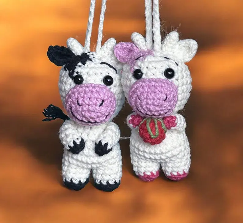 Crochet Cute Car Accessory Cow Crochet Rearview Mirror Hanging Car Decor Crochet, Strawberry Cow Car Charm Crochet, Pink Car Accessory Crochet, Crochet Cow, Moo Moo Car Hanger Crochet