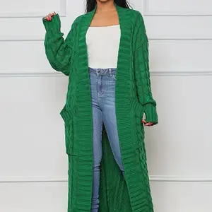 Fashion Women's Clothing Long Length Cable Knit Cardigan - Elegant Solid Long Sleeve Sweater With Pockets - Women's Clothing - Fall/Winter - Suitable Casual  Formal Occasions - Women
