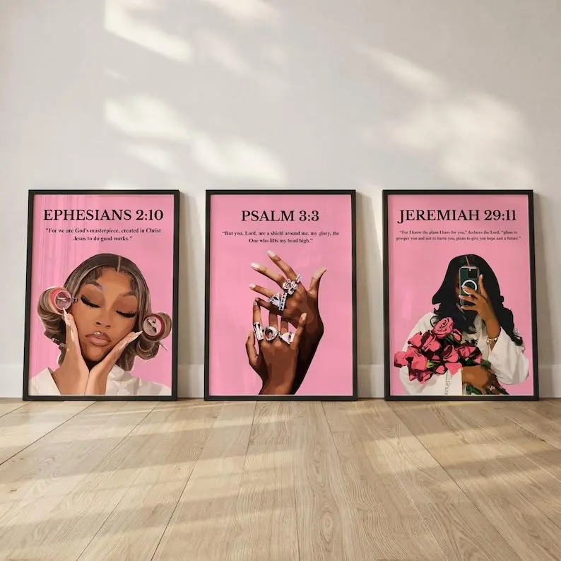 Pink Scripture Wall Art; Bible Verse Poster Unframed , Black Woman Art (Digital Set 3)