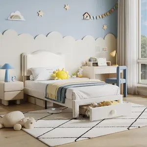 Garvee Twin Upholstered Bed Frame with 2 Storage Drawers, Chic Double Wavy Headboard, Velvet Platform Bed for Girls, Solid Wood Slats Support, No Box Spring Needed, Beige