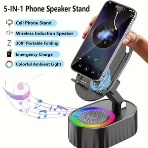 This portable phone stand speaker features a 300° color ambient light wireless speaker, Rechargeable speaker, and non-slip base Foldable and fast-charging it's a must-have for tabletop parties, camping, and gifting