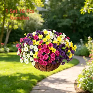 16 Pcs Artificial Hanging Plant Basket, UV Resistant, Summer Outdoor Decor, DIY Assembly, Colorful Daisy Eucalyptus, Porch Garden Balcony