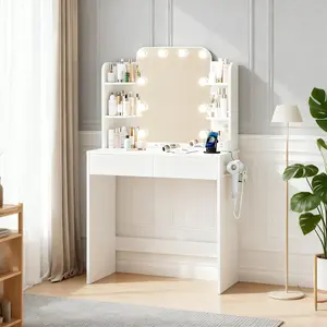Vanity Desk with Mirror Lights 3 Modes Girls Vanity Set Power Outlet Compact Table Small Space White Black Hair Dryer Holder Charging Station
