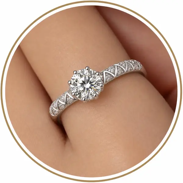 Vintage Round Solitaire Moissanite Ring, Eight-Prong Setting, D Color VVS Round-Cut Moissanite, S925 Sterling Silver, Crossover Accent Band, Birthday Anniversary Wedding Gift for Women