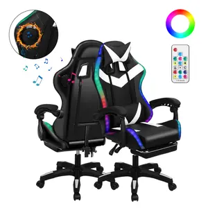 360 Degree Rotation Gaming Chair, Adjustable Height Computer Chair with Two Bluetooth-compatible Speakers, Multiple RGB LED Light Modes Game Chair with Retractable Footrest