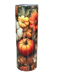 Pumpkins and Fall Flowers - 20oz oz 20 oz. 20oz. - Skinny Straight Sublimation Tumbler - Amy's Tumbler Junkies - Your Favorite Tumbler Shop!