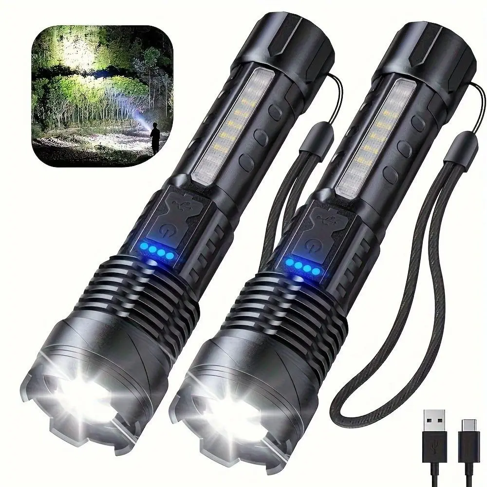 2PCS Compact LED Handheld Flashlights, 5-Mode with COB Side Light, USB-C Charging, Power Display, 8H Runtime, Detachable Clip, for Garden Use, Secure Adults, Father's Day Gifts, Home Improvement Tools