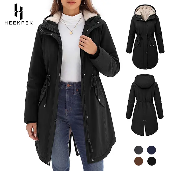 HEEKPEK Women’s Winter Smooth Shell Fabric Parka Jacket, Fleece-Lined Hooded Coat, Water-Repellent Windproof Everyday Outerwear, 2-Way Zipper, Ribbed Details, 5 Pockets for Commute Outdoor