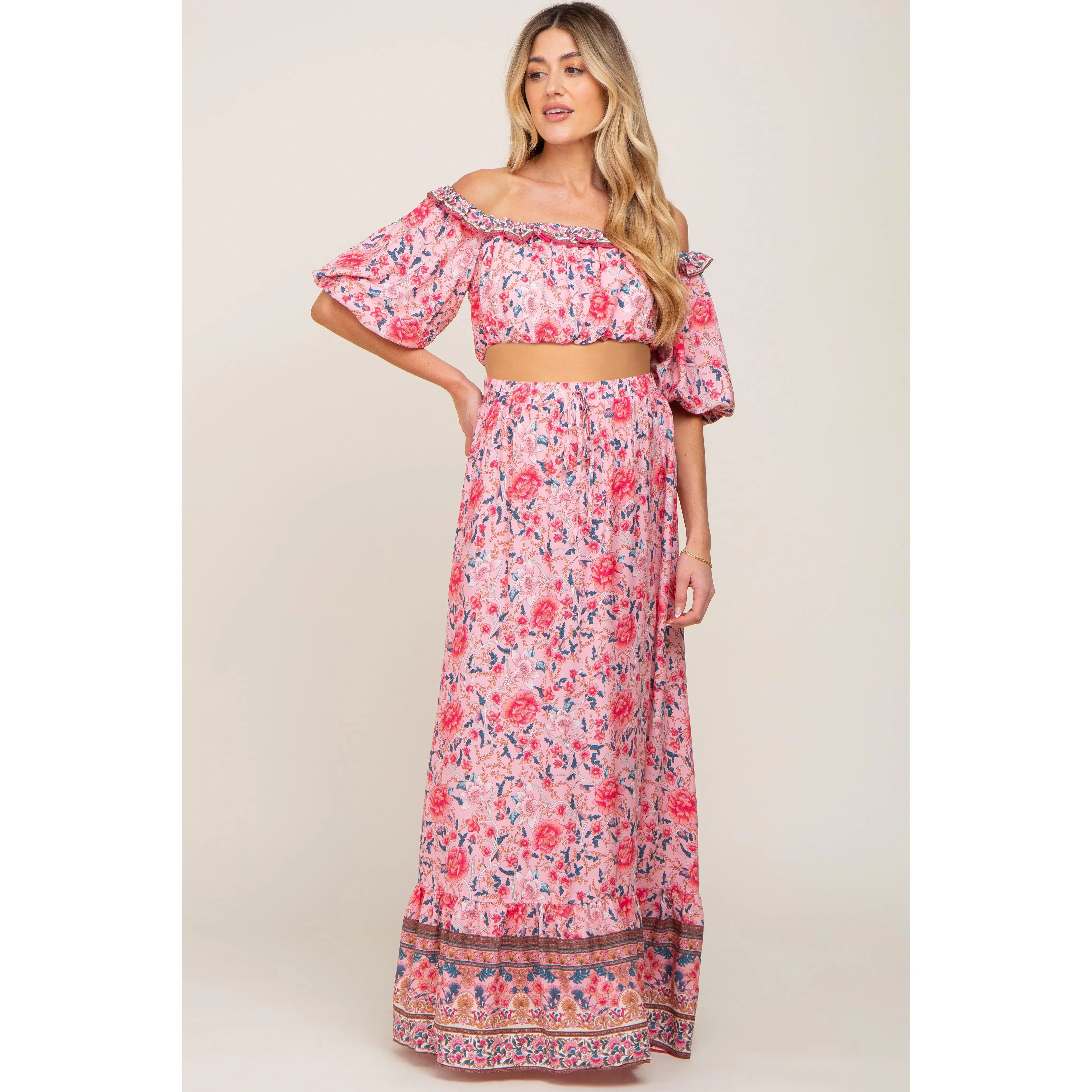 Maternity Pink Floral Off-Shoulder Maxi Skirt Set, Pregnancy Sets with Short Sleeve Tops, Cute Maternity Clothes for Dress the Bump, Yes