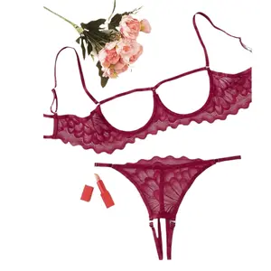 Elegant Floral Lace Lingerie Set | Push Up Bra & Hollow Strappy Thong Comfortable Nightwear