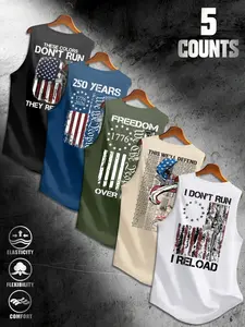 5-Piece Set American Vintage Print Wide Shoulder Vest, 1776 Freedom Theme Men's Sleeveless T-Shirt, Comfortable Breathable Outdoor Sports Top, Sleeveless Sports Tops