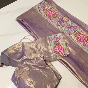 Reyavogue Women's Blue Colour Pure Banaras Gold Tissue Saree with Petitepoint Work