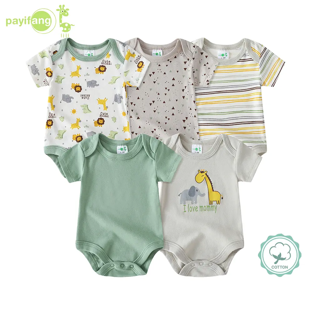 Payifang 5pcs Baby Boy Bodysuits - Cotton Short-Sleeved Basic Outfit with Bowtie Detail, Button Fasten Newborn Bodysuit Essential Gentleman Look Infant Clothing